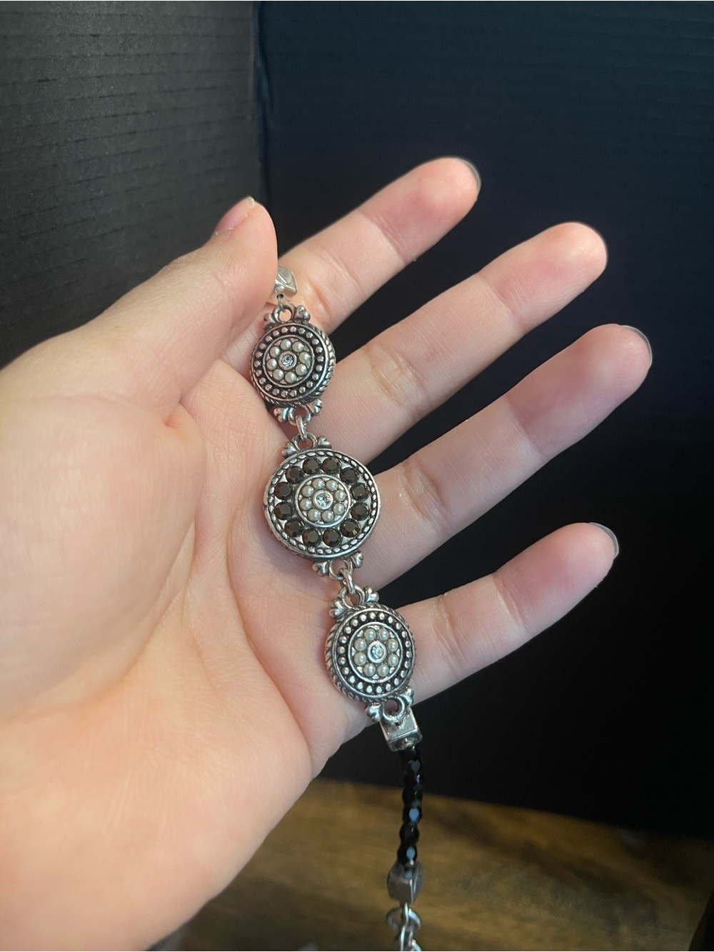 Brighton cz marcasite faux pearl art deco style bracelet 7-8 inch jet set